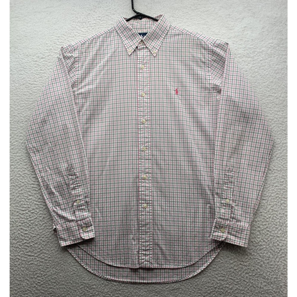 Ralph Lauren Button Up Shirt Mens Medium M Classic Fit Check Preppy Pink‎ Green